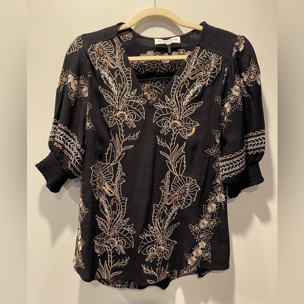 Hale Bob Black Gold Embroidered Floral Blouse Size Small Boho Chic MSRP $360